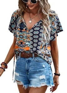 Women's Summer Tops Casual Floral Print V Neck Ruffle Short Sleeve Loose Tuni... - Picture 1 of 6