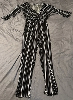 Женский комбинезон Express черный белый с вертикальной полосой узел спереди широкие ноги M - Изображение 1 из 4
