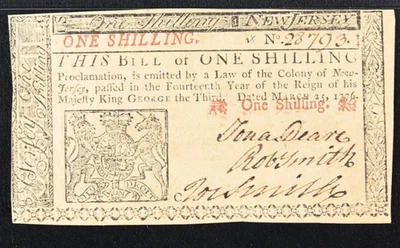 MARCH 25, 1776 1s ONE SHILLING NEW JERSEY COLONIAL NOTE PMG AU-58 EPQ NJ-175 - Image 1 of 4