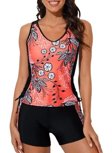 Two Piece Bathing Suits for Women Tummy Control Tankini Top and Boy Shorts Fl... - Picture 1 of 6
