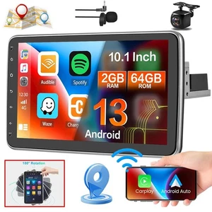 Single 1 Din Rotatable 10.1'' Android 13 Apple CarPlay Car Stereo Radio GPS WiFi - Picture 1 of 15