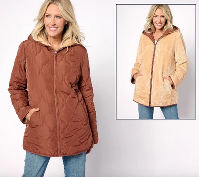 Susan Graver Reversible Quilted Woven & Plush Fleece Jacket, Size L a620230 - Image 1 of 3