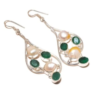 Russian Green Onyx and White Biwa Pearl Gemstone Handmade Drop Dangle Earrings - Image 1 of 3