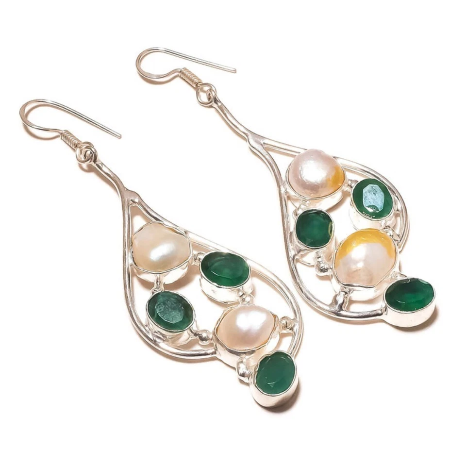 Russian Green Onyx and White Biwa Pearl Gemstone Handmade Drop Dangle Earrings - Image 1 of 3
