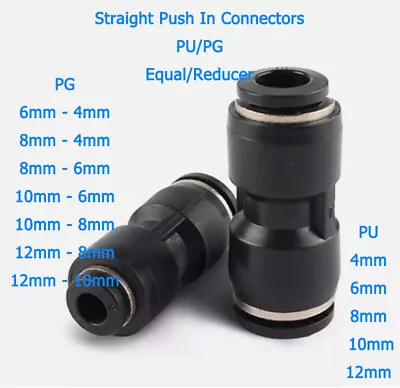 PU/PG Pneumatic Fitting Equal/Reducer Straight Push In Connectors Black 4mm-16mm - Image 1 of 4