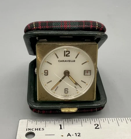 Vtg CARAVELLE Swiss 7 Jewels Plaid Clamshell Date Travel Alarm Clock Clean READ Cover