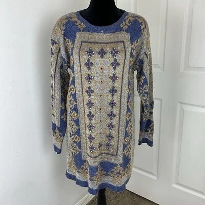 Vestido túnica manga larga vintage David David azul metálico dorado estrás pequeño Foto 1 de 4