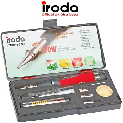 Gas Soldering Iron Kit 25w-80w Pro Iroda Solderpro 70K Butane With Accessories