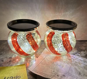 2 Valerie Parr Hill red silver peppermint candy swirl mercury glass Pedestal - Picture 1 of 14