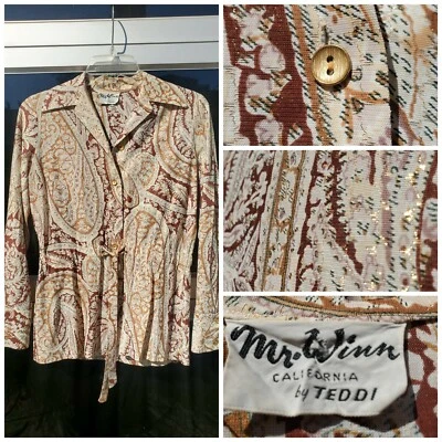 复古 60 年代 70 年代 PSYCHEDELIC 佩斯利嬉皮上衣束腰外衣金色金属波西米亚 S M  — 第 1/4 张图片