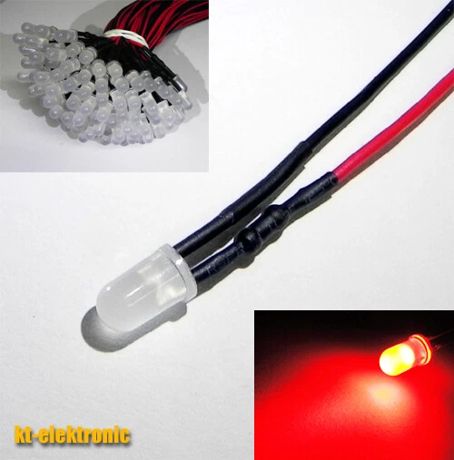 KT-ELEKTRONIC 10 x 5mm LED rot matt/diffus mit 20cm Kabel für 12V DC verkabelt mit Widerstand