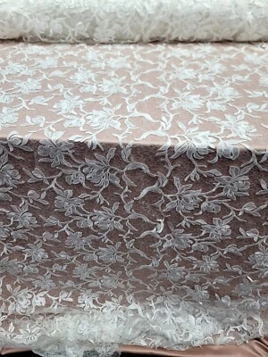 White Bridal Lace Floral Flowers Clear Sequins Mesh Fabric Sold by Yard Wedding  - Image 1 of 4