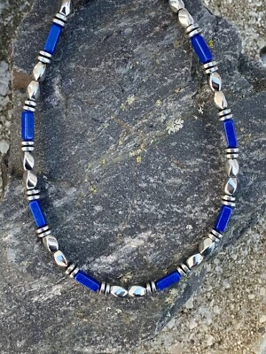 Mens Womens Therapy Silver Magnetic Hematite Necklace Bracelet Anklet Blue Lapis - Image 1 of 4