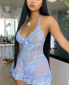 Women's Lace Sexy Babydoll Nightdress G-string Panty Lingerie Set - Picture 1 of 8