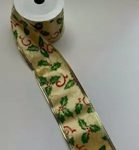 3 Rolls 'Gold Holly' Fabric Wire Edge Christmas Ribbon 60mm x 2.6m - Picture 1 of 2