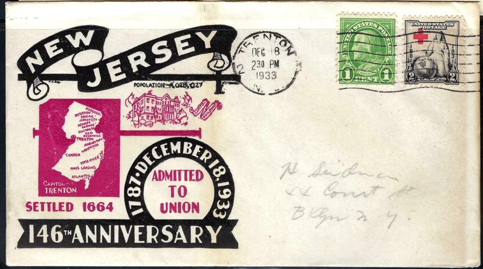 New Jersey Admitted to the Union in 1787 Anniversary Trenton Dec 18, 1934 FDC - Image 1 of 1