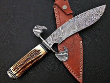 Handmade full tang Damascus Bowie Knife with Stag Handle