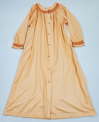 Vtg 60s 70s SEARS Muumuu House Coat Robe Dress Pearl Snap MOD Retro Smocked Neck - Image 1 of 4