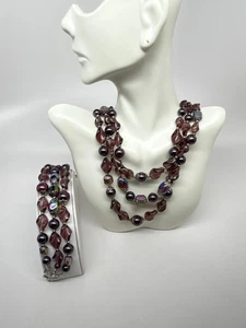 De Colección Corona Trifari Cuentas de Vidrio Morado 3 Hilos Collar Pulsera Conjunto Caja - Imagen 1 de 10