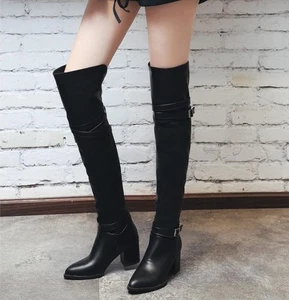 Damen Overknee Stiefel Blockabsatz Overknee Party Schnallenriemen Reitstiefel - Bild 1 von 19
