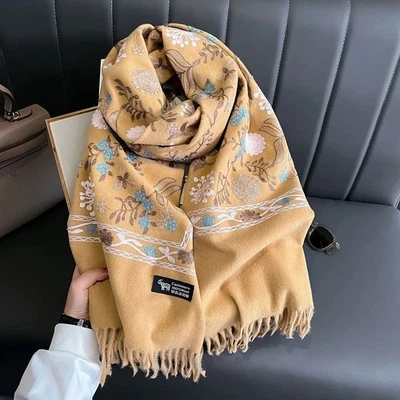 Winter Warm Cashmere Scarf Women Embroidery Pashmina Blanket Thick Shawl Wrap — 第 1/4 张图片