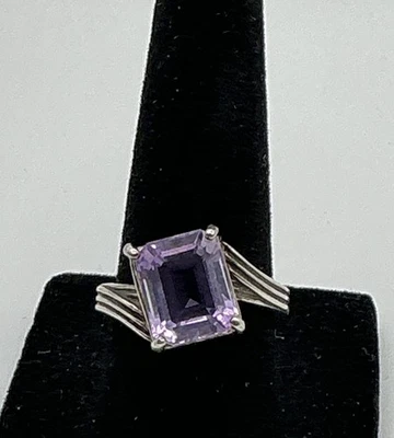 #191 Plata de Ley 925 Amatista Art Deco Corte Esmeralda Firmado Talla 6.75 Foto 1 de 4