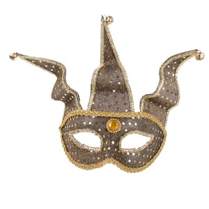 Jester Bells Joker Sequin Gem Costume Venetian Mask, Gold Black, One-Size - Picture 1 of 3