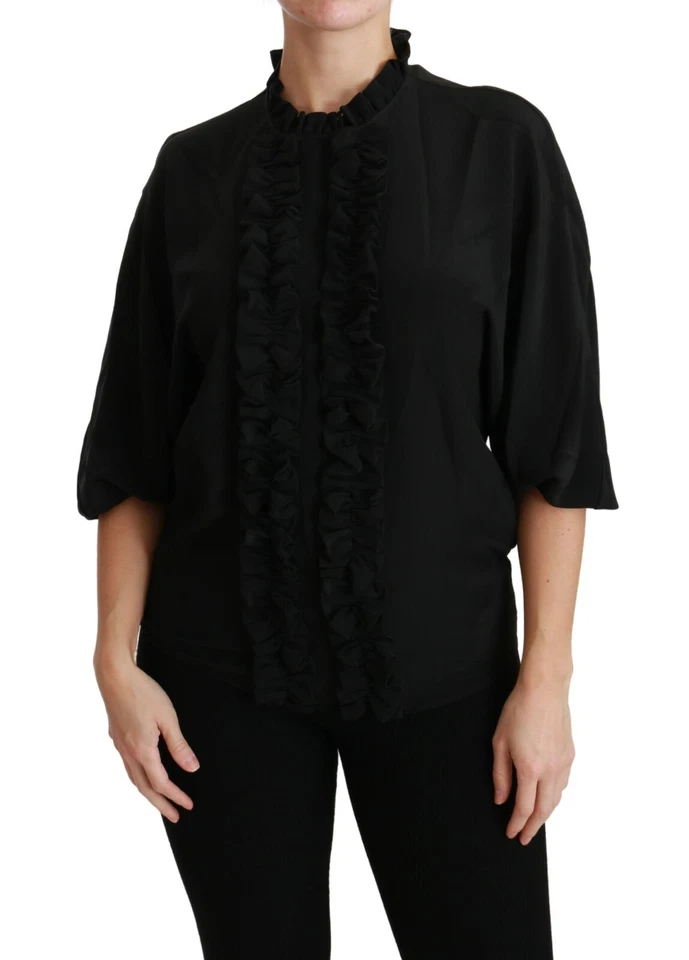 Dolce&Gabbana Women Black Blouse 100 Silk 3/4 Sleeves Ruffled Shirt Sz IT 36 XS