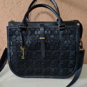 Fossil Navy Leather Ryder Satchel with Embossed Design and Gold Hardware - Picture 1 of 14