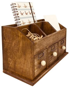 Rustic Wooden Desk Organiser Drawers Desktop Stationery Storage Box Tidy Office - Picture 1 of 6