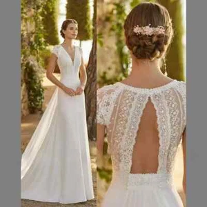 Lace Satin Modern Wedding Dresses Mermaid Detachable Train V Neck Bridal Gowns - Picture 1 of 9