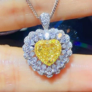 European Love Heart Yellow Citrine Topaz Gems Silver Charm Women Girl Necklace - Picture 1 of 6