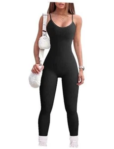 Women Workout Seamless Jumpsuit Yoga Ribbed Bodycon One Piece Small 01black - Picture 1 of 7