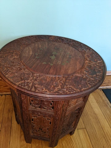 India carved hardwood octagonal folding table brass inlay Cover