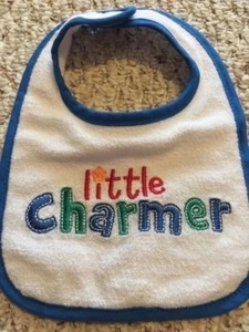 Boys Baby Bib LITTLE CHARMER White Blue Terry Cloth - Picture 1 of 5
