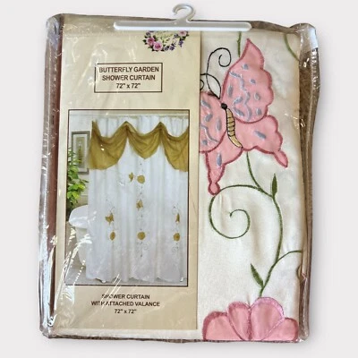 New Butterfly Garden Shower Curtain With Attached Valance Fabric 72” x 72” - Image 1 of 3