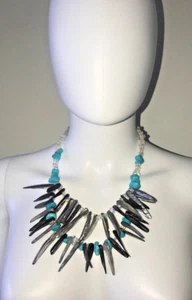 HANDMADE SHELL SPIKE FAUX TURQUOISE BEADED STATEMENT BIB BOHO NECKLACE  - Picture 1 of 3