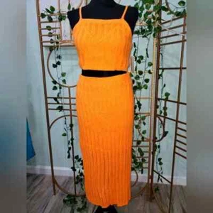 Freshman 1996 Damen M 2-teiliges Set Crop Top Rock Strick Häkel Cover Up Orange Neu - Bild 1 von 4