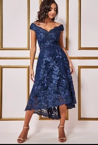 Ladies GODDIVA EMBROIDERED LACE MIDI DRESS Wedding Size 14 RRP £79 Navy