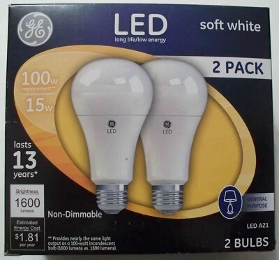 GE 2 Pack LED Light 100W/15W A21 -Soft White-Non Dimmable-1600 Lumens-Combo Ship - Image 1 of 2