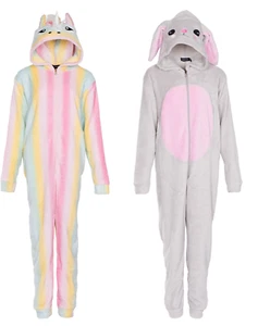 Unisex Kids Unicorn Rabbit Theme 1Onesie Rainbow Soft Fleece Jumpsuit - Picture 1 of 19
