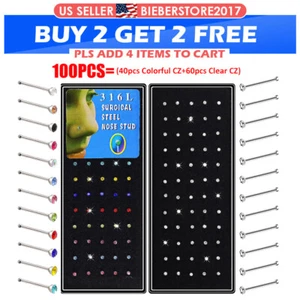 100Pcs Nose Rings Straight Bone Stud Stainless-Steel Piercing CZ Pin Jewelry 20G - Picture 1 of 3