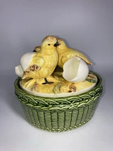 Antique Royal Dux Czechoslovakian Majolica Chicks  Eggs On Basket Lidded Dish - Picture 1 of 13