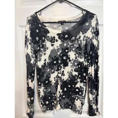 GEORGE Women's Floral Print Cardigan Sweater Black Gray Ivory M Medium Knit V - Image 1 of 4