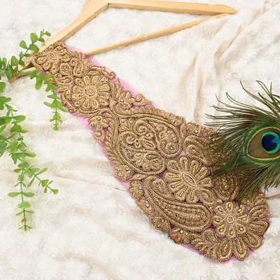 Vintage Pink Net/Mesh Appliques – Set of 1 Hand-Embroidered Floral Patches Dabka - Image 1 of 4