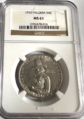 1920 Pilgrim Silver Commemorative Half Dollar PCGS MS 61-Nice White Coin! - Image 1 of 4