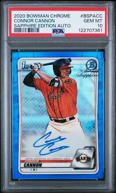 2020 Bowman Chrome BSPA-CC Connor Cannon Sapphire Edition 1st Bowman Auto PSA 10 - Image 1 of 2