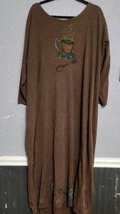 Blue Fish Coffee Cup Dress L Brown Handpainted Art to Wear Lagomorph Cotton USA - Picture 1 of 5