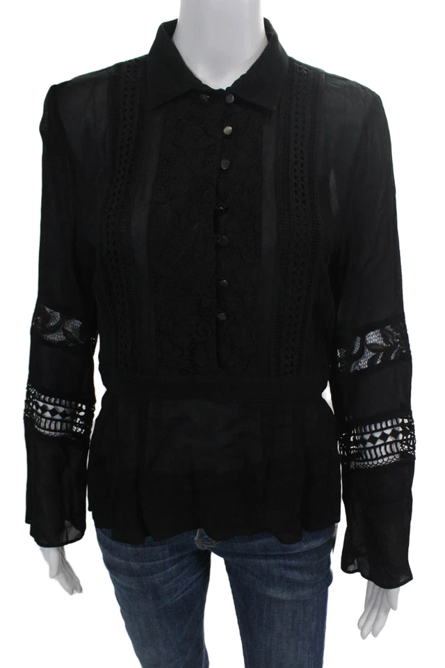 Artelier Nicole Miller Womens Silk Lace Button Down Blouse Black Size Small - Image 1 of 4