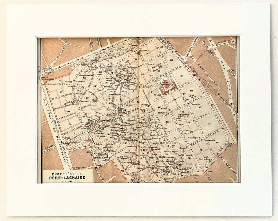 CEMENTERIO PERE LACHAISE, PARÍS Plan FRANCIA - c. 1910 Mapa antiguo montado Foto 1 de 1